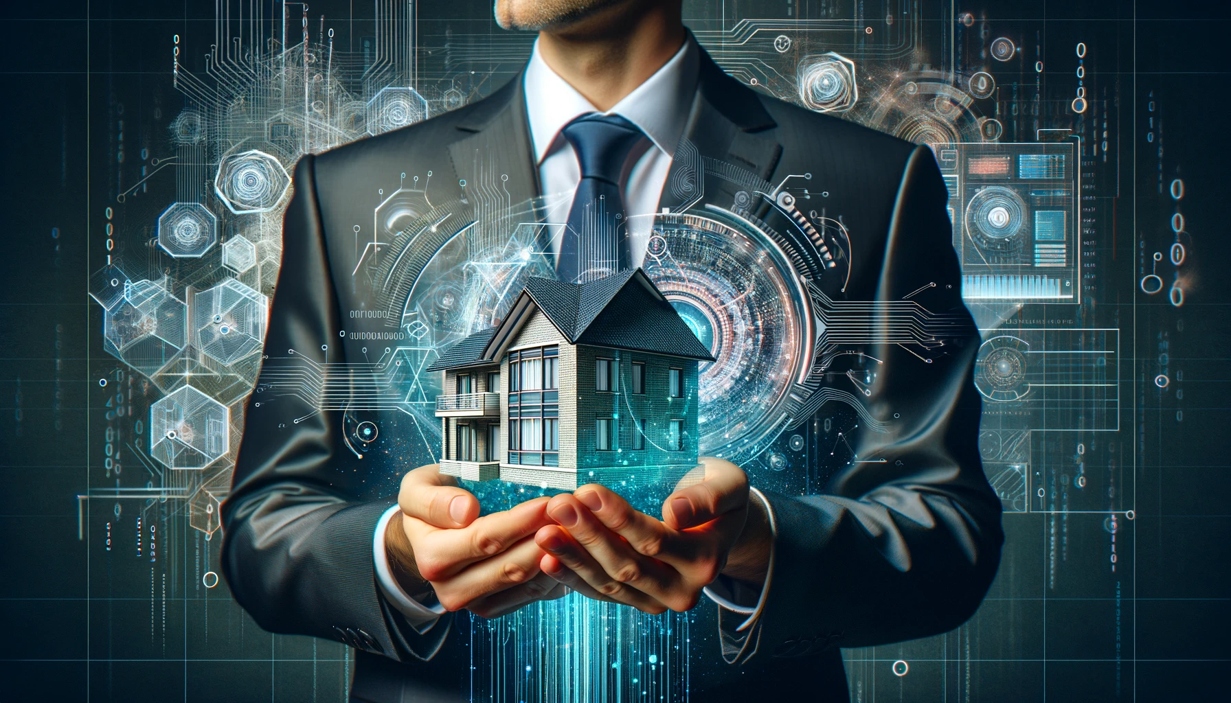 A hard money lender holding a house with AI related illustrations in the background.