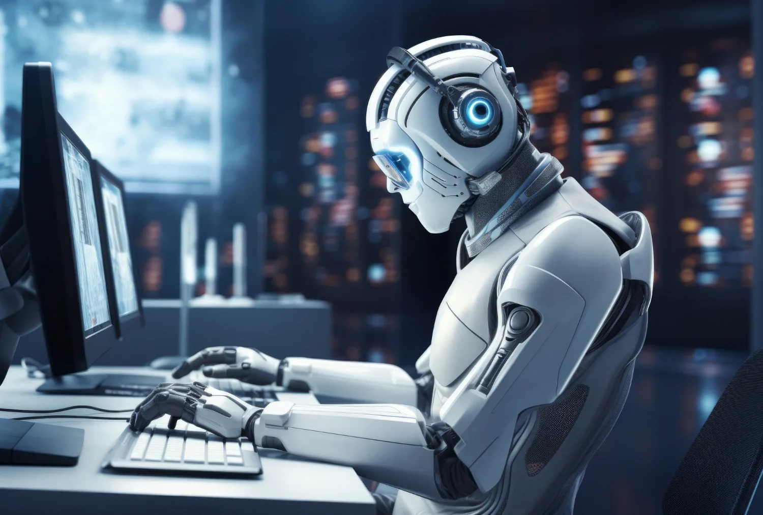 AI agent at a computer assisting real estate agents with tasks