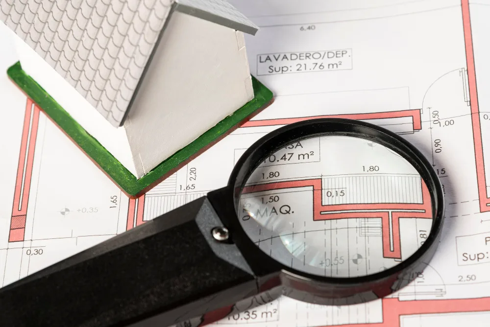 Model house, magnifying glass, and detailed floor plan representing the search for residential properties and investment opportunities.