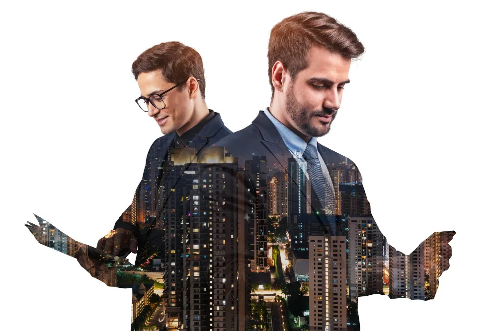Two businessmen symbolizing real estate investment and technology-driven decision-making.