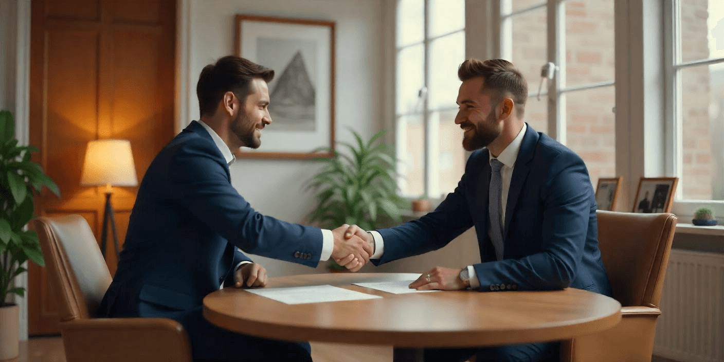 Two businessmen in suits shaking hands across a round table with real estate documents in a modern office, symbolizing real estate agreement or partnership.