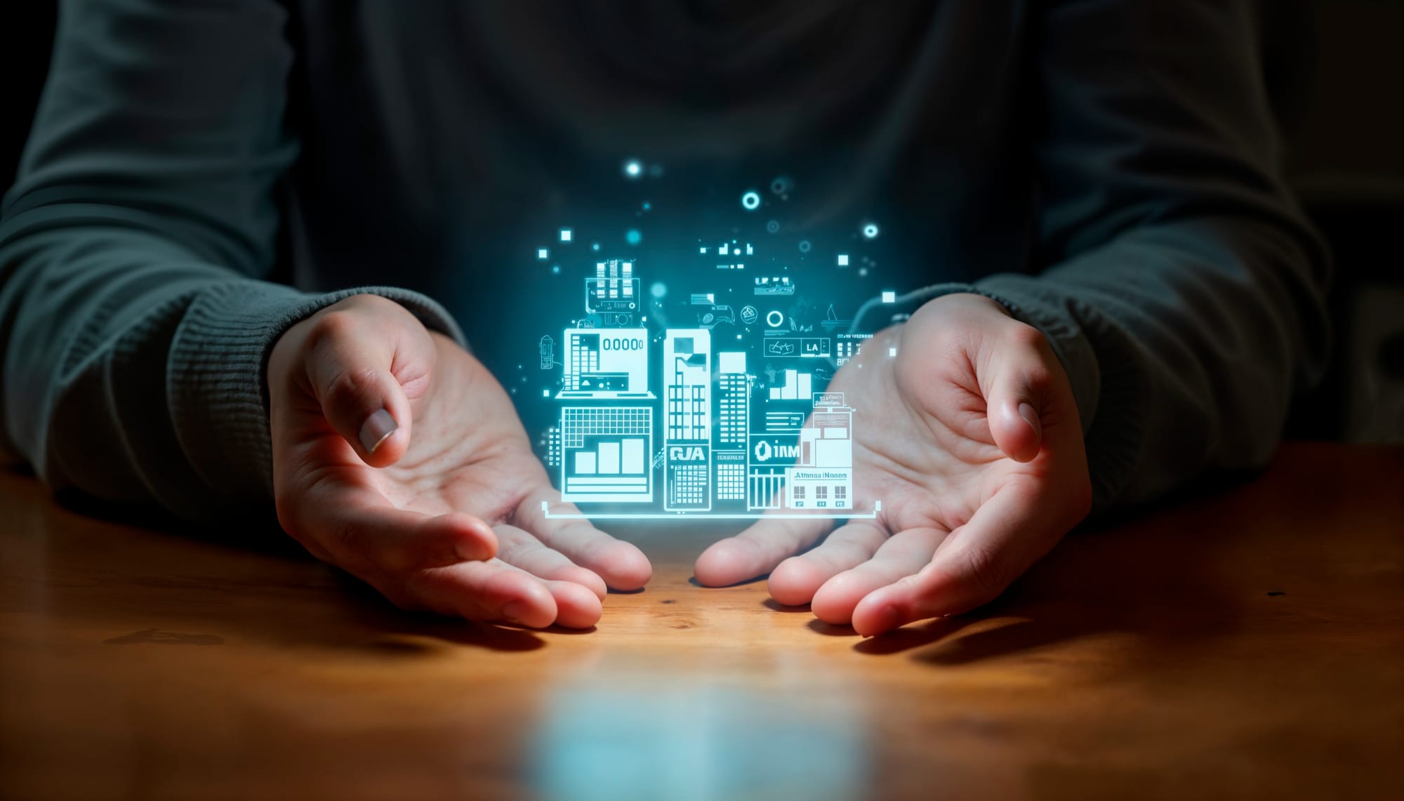 Hands cupping a glowing, digital cityscape hologram with charts, technology icons, and real estate AI elements on a wooden table.