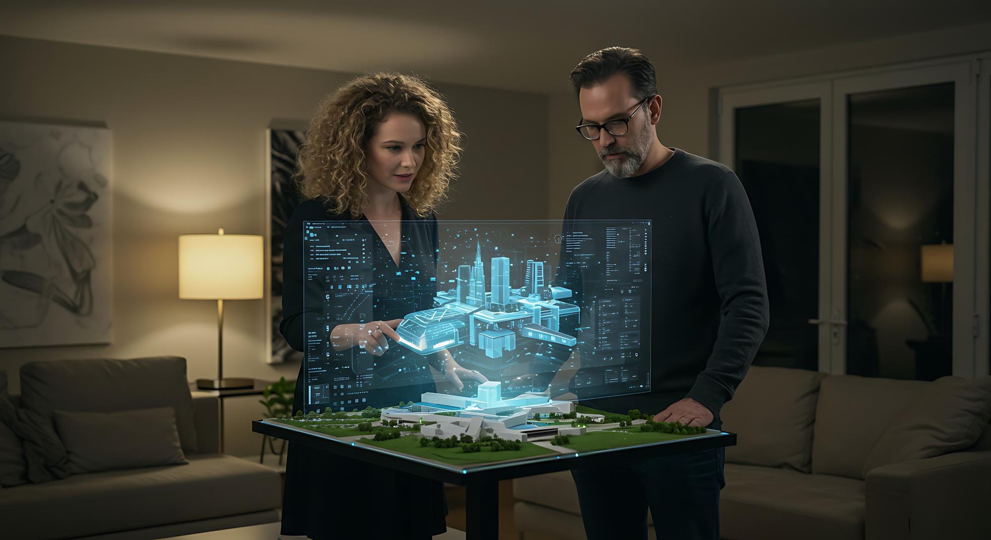 Two people in a modern living room examine an architectural model overlaid with a holographic 3D city and digital data display.