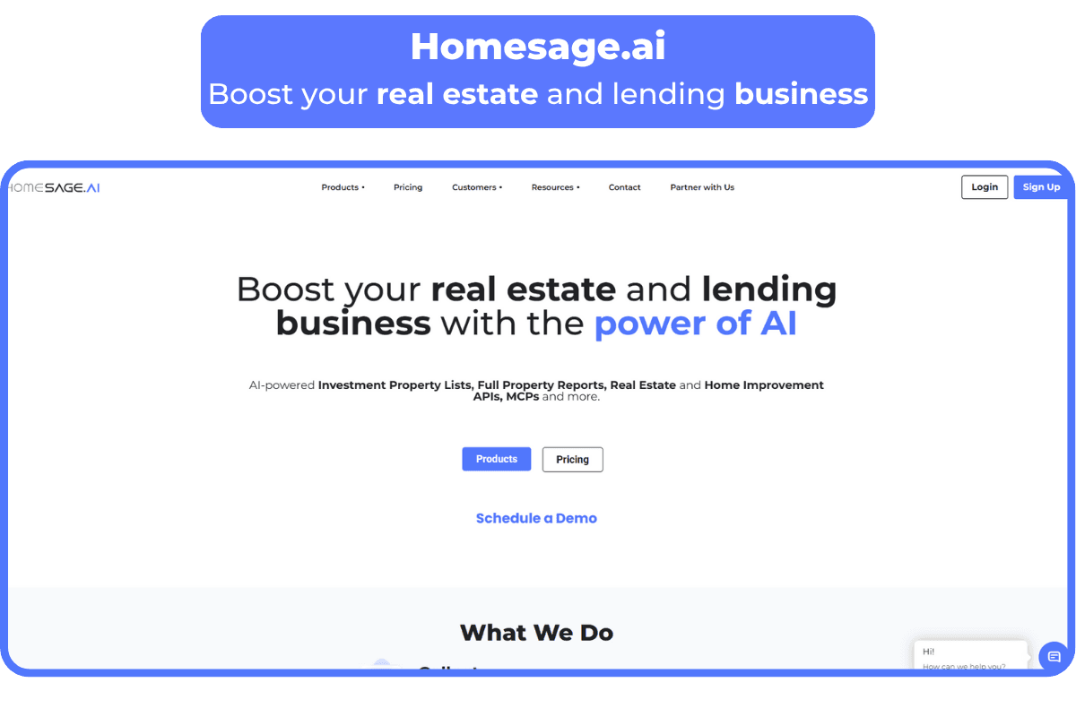 Homepage of Homesage.ai highlighting AI-powered solutions to boost real estate and lending business, with a call to schedule a demo and explore products and pricing.