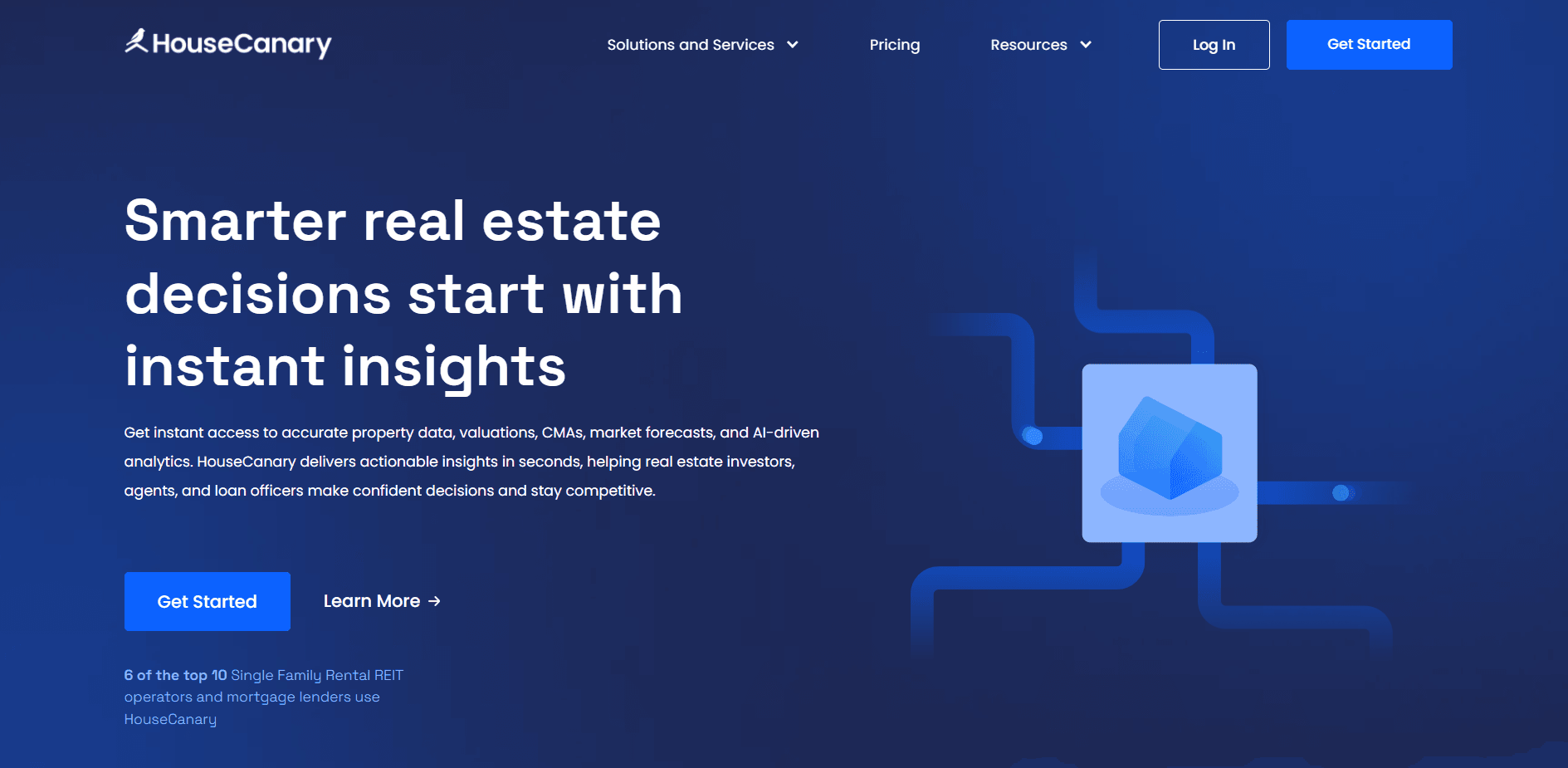 HouseCanary homepage: dark blue background, headline "Smarter real estate decisions start with instant insights," navigation bar with login and get started buttons.