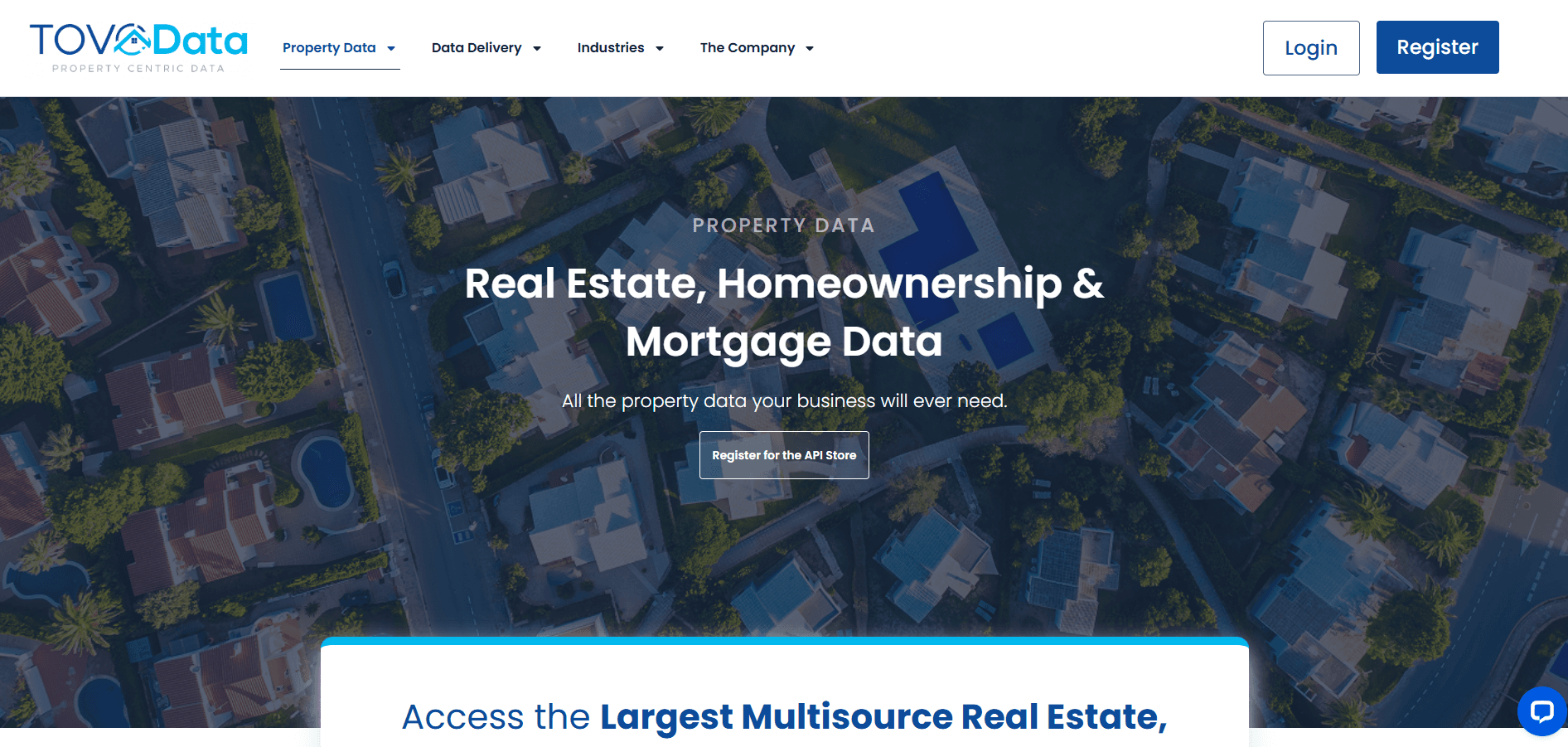 TovoData homepage: aerial view of suburban houses, headline "Real Estate, Homeownership & Mortgage Data," with navigation and prominent login/register buttons.