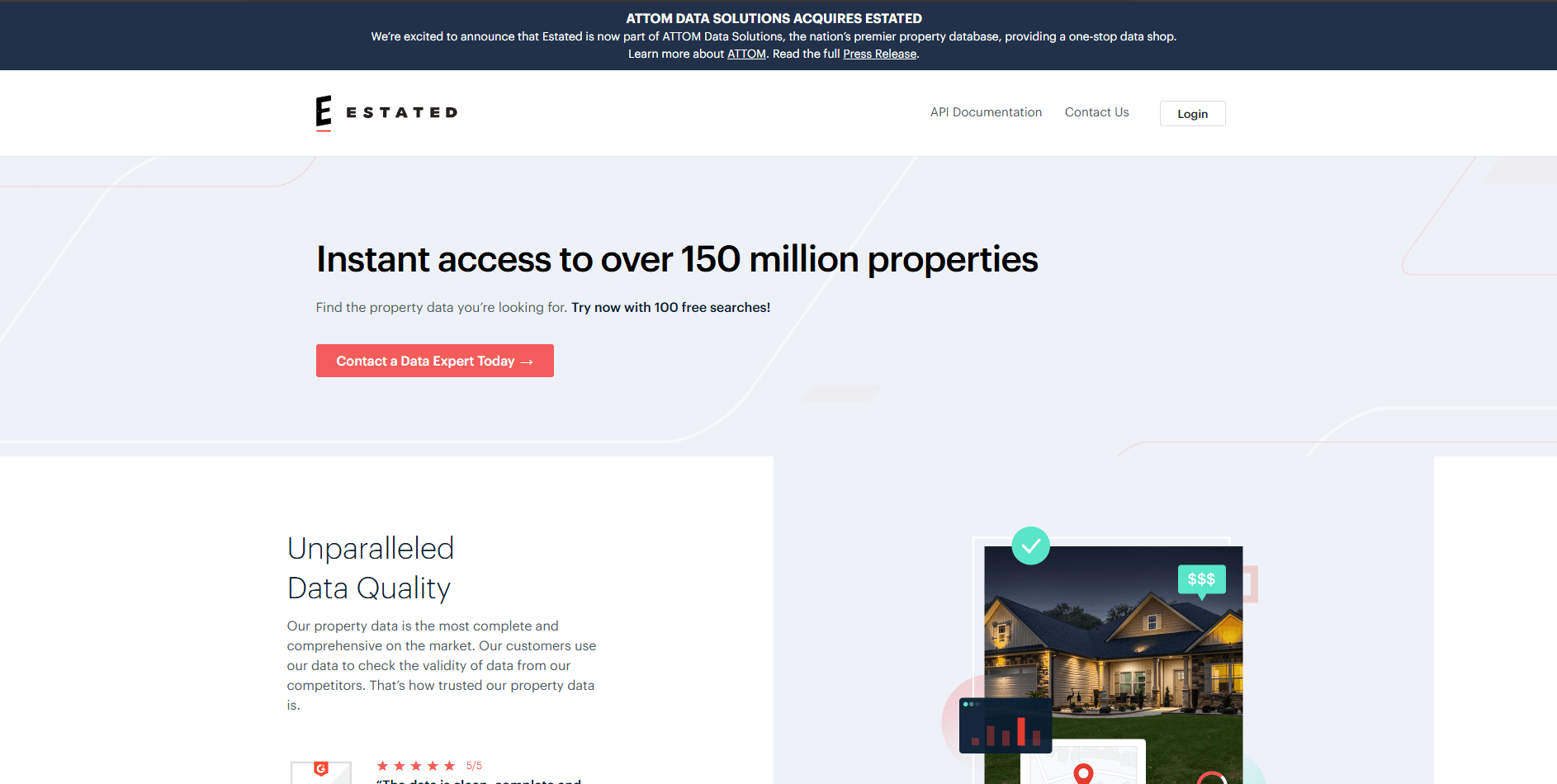 Estated homepage: headline "Instant access to over 150 million properties," subtext promoting property data searches, a "Contact a Data Expert Today" button, and navigation options for API documentation, contact, and login.