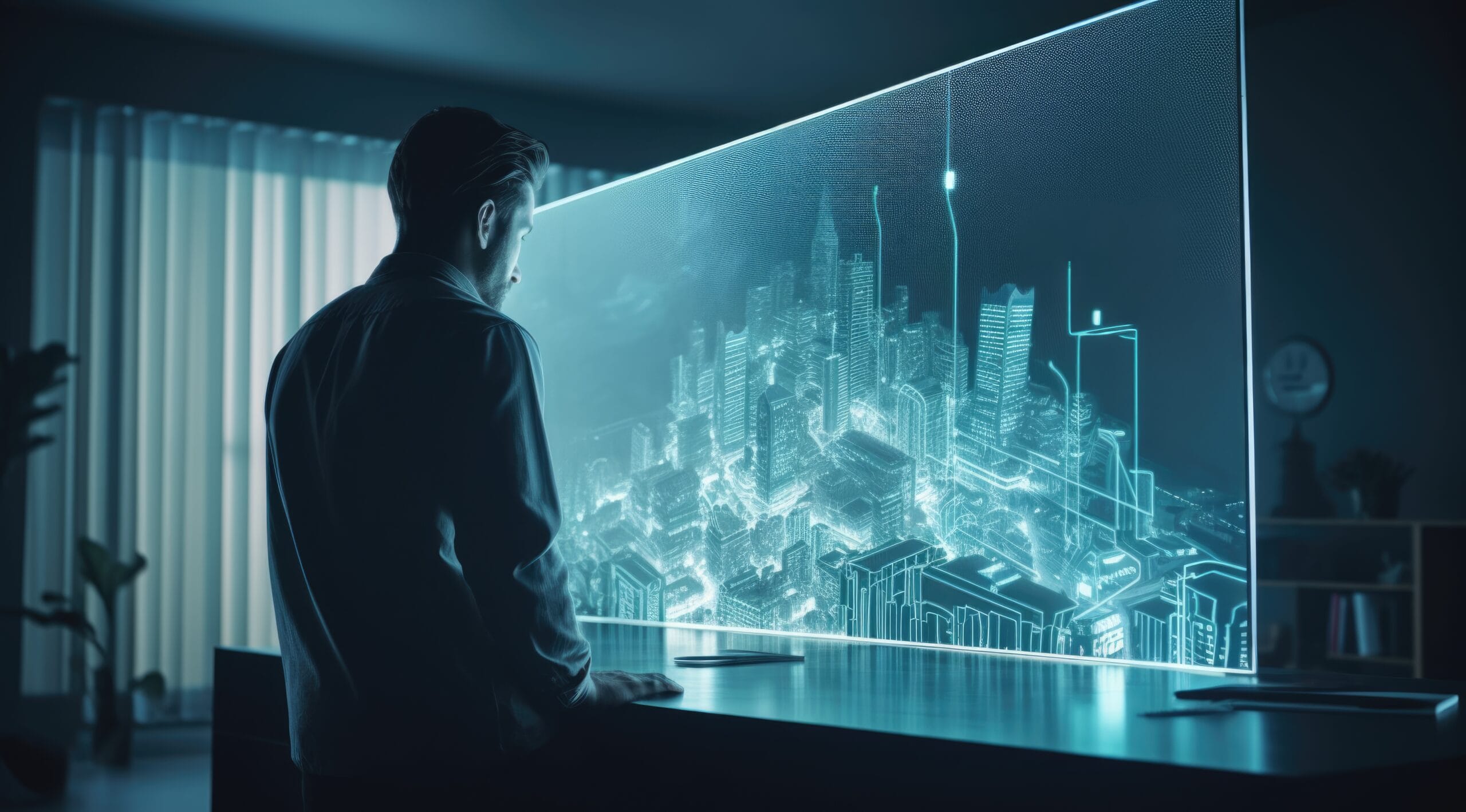 Futuristic office scene highlighting marketing ideas for realtors: a person stands at a desk, interacting with a large transparent digital screen that displays a glowing, holographic cityscape, symbolizing smart city planning and advanced technology integration.