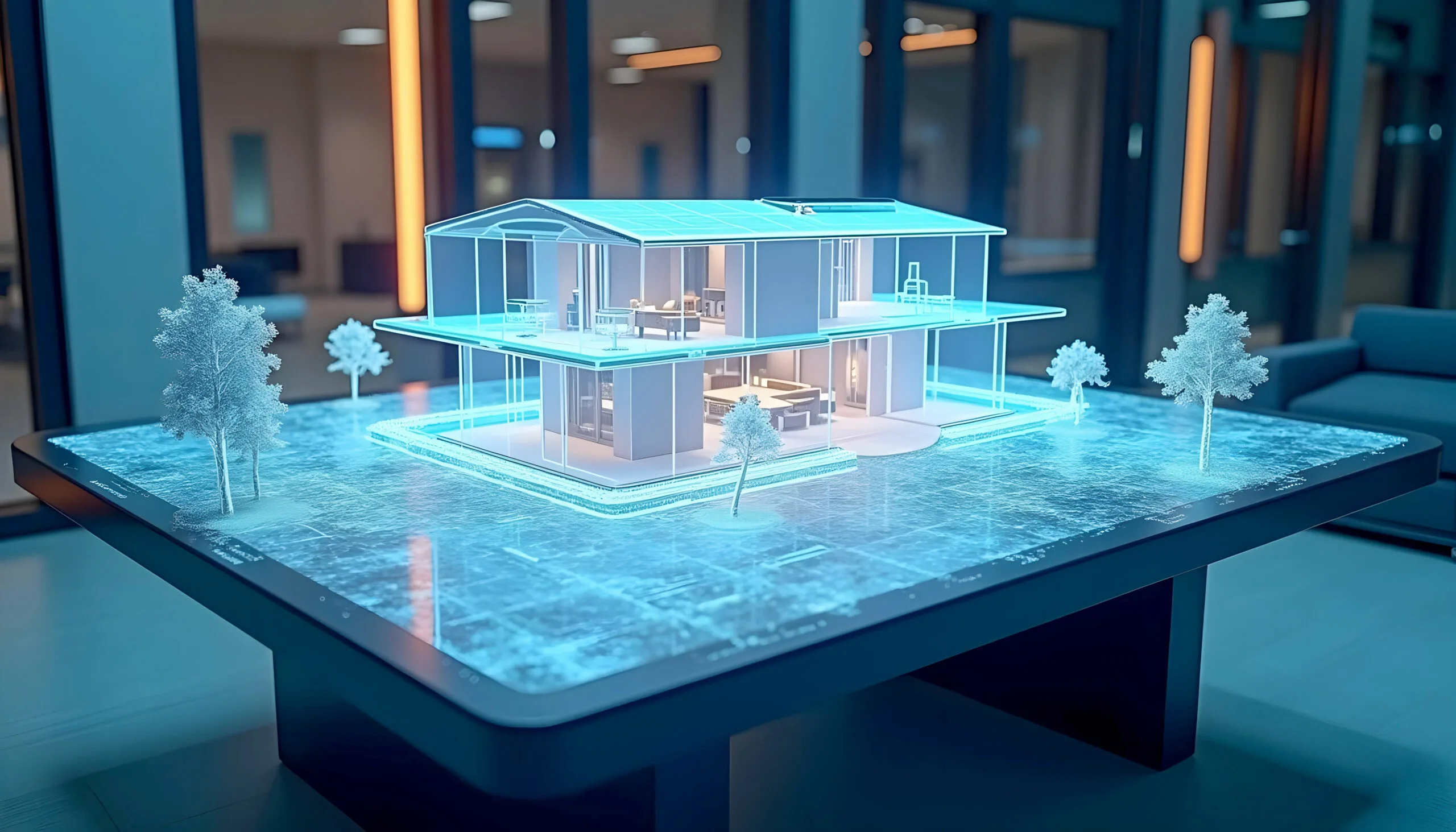 Real Estate Deal Finder: 5 AI Ways to Profit 2 House hologram created with AI to ilustrate how with AI it is easy flippling a house