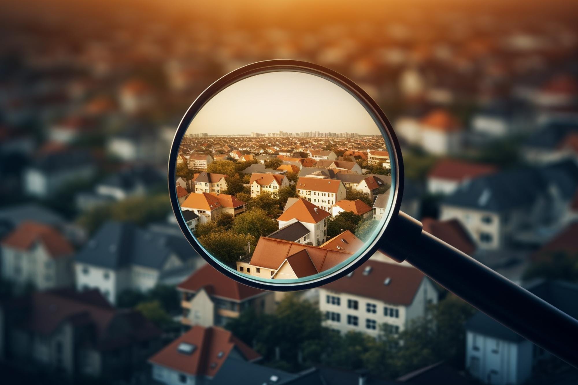 A magnifying glass zooms in on residential properties, highlighting a specific section of a neighborhood for close inspection.