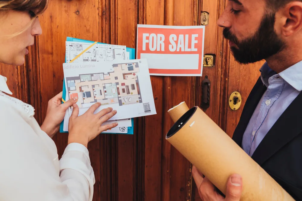 Off-market Properties vs. MLS Listings: Which is a Better Real Estate Investment and Where to Find Them? 5 Real estate investors analyzing off-market properties documentation and floor plans at a potential investment listing.