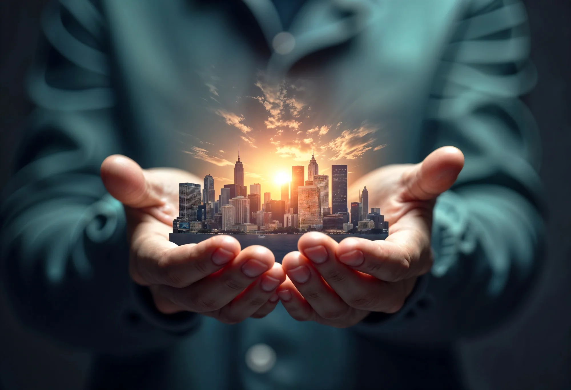 A person in a suit holds a miniature city skyline, symbolizing how the mortgage industry is fundamental to building and sustaining communities.