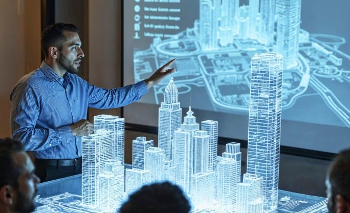 Professional presenting integrating AI in real estate investment data using holographic building models and digital analytics dashboard for modern real estate investment strategies