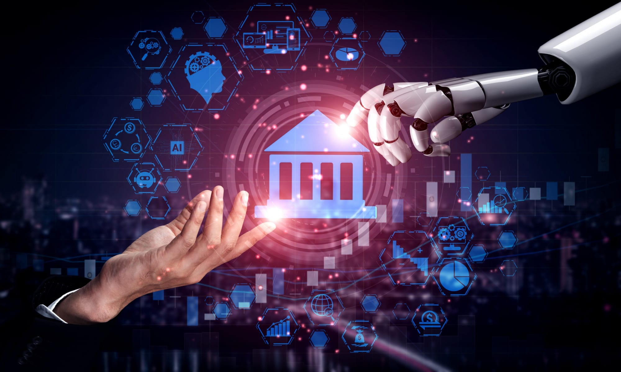 A robotic arm and human hand collaborate over a digital interface, symbolizing Free real estate data powered by AI technology.