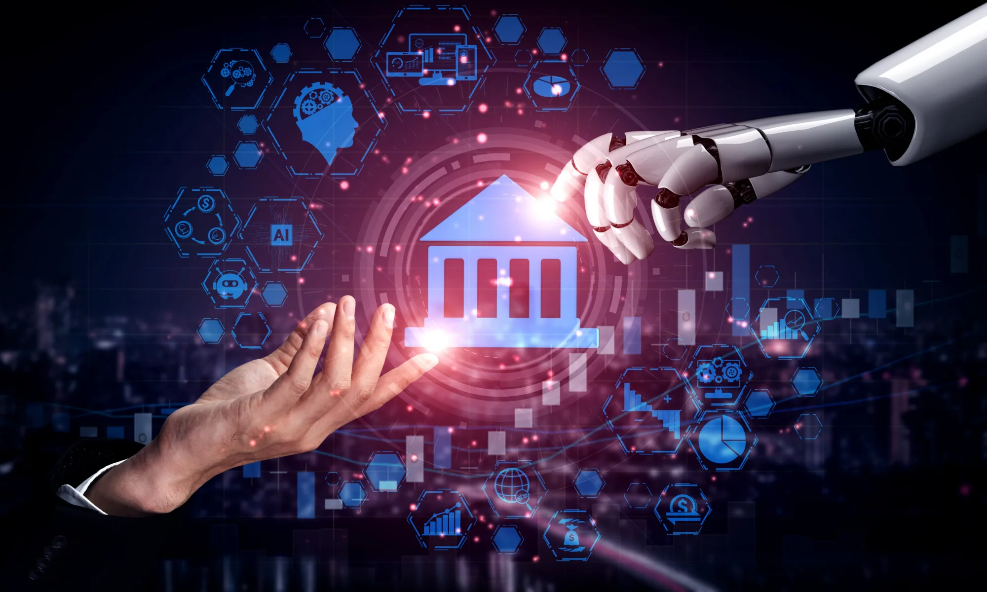 A robotic arm and human hand collaborate over a digital interface, symbolizing Free real estate data powered by AI technology.