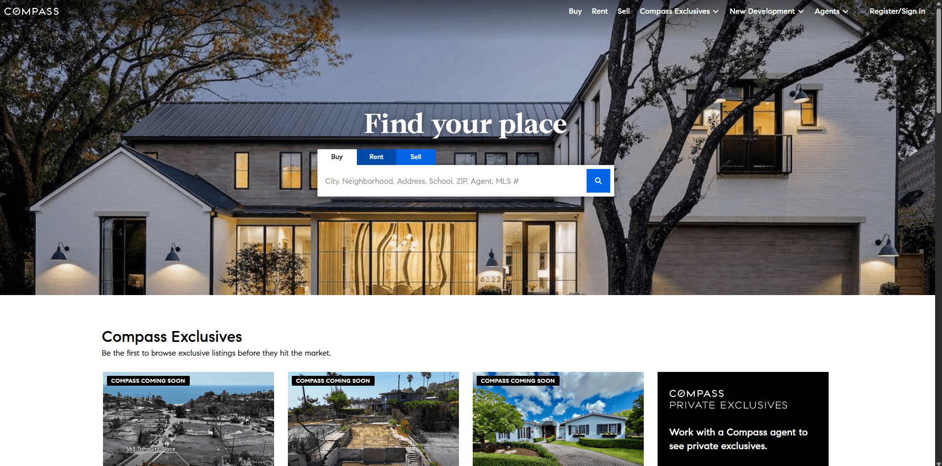 Compass real estate homepage with property search and exclusive listings.