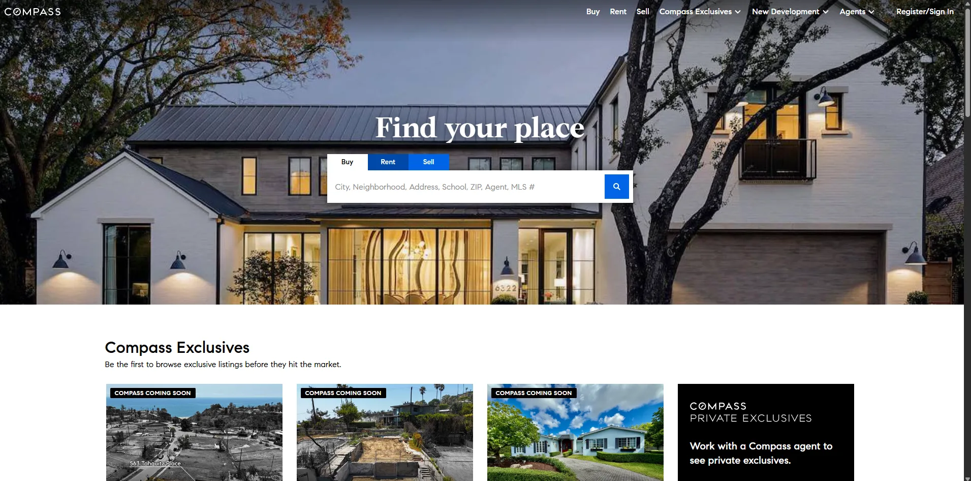 3 Main Ways AI is Changing Real Estate Data in 2026 5 Compass real estate homepage with property search and exclusive listings.