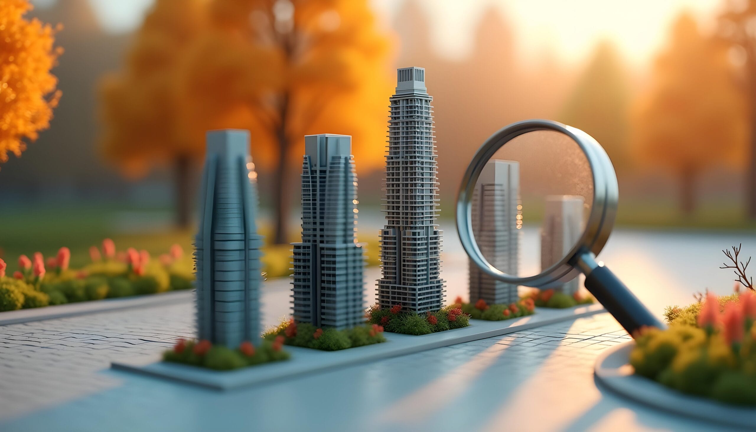 Magnifying glass examining skyscraper models, representing analysis of off-market and MLS property investments.
