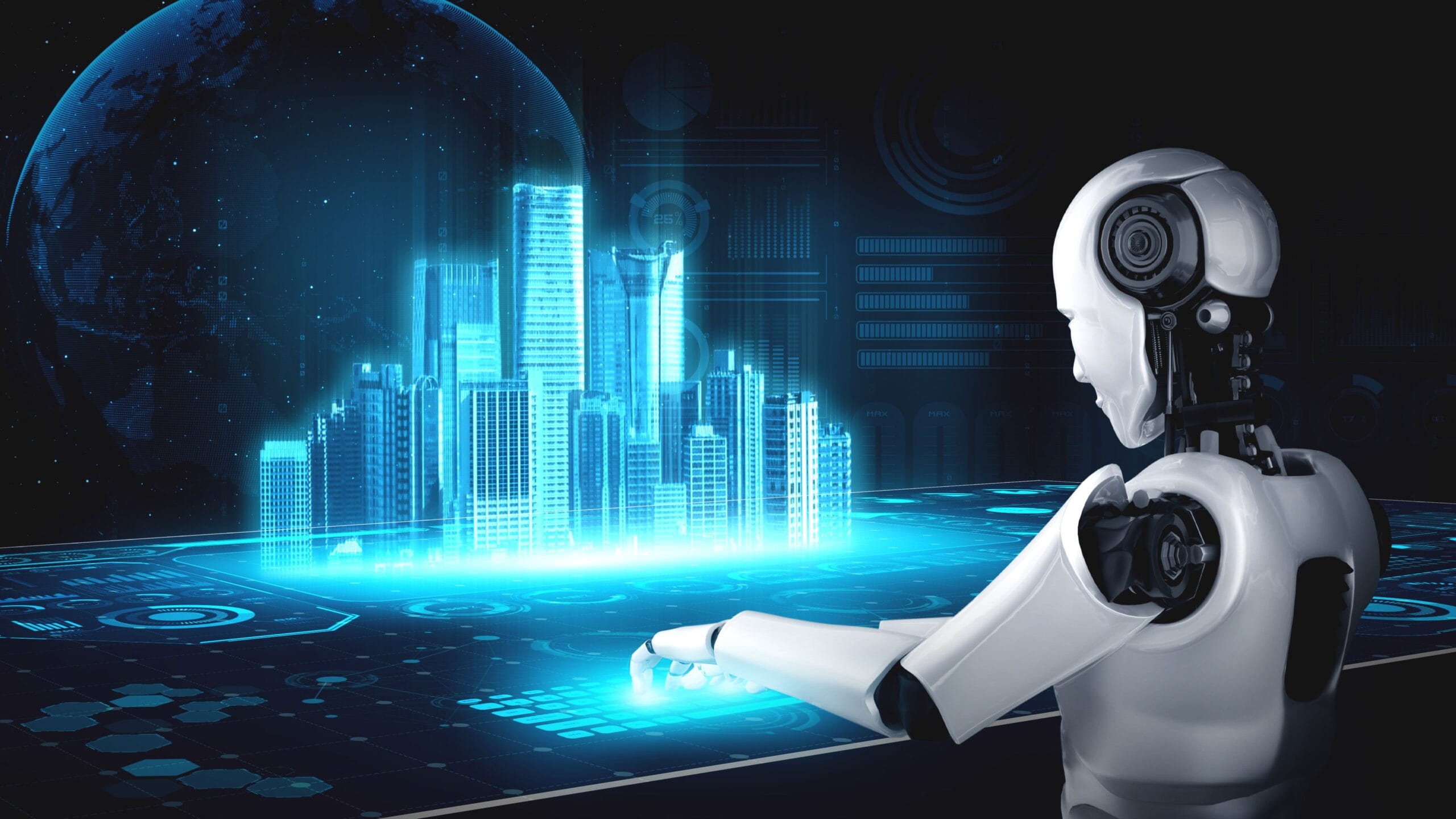 Artificial intelligence analyzing real estate investments with futuristic city buildings and digital data visualization – AI in real estate investing.