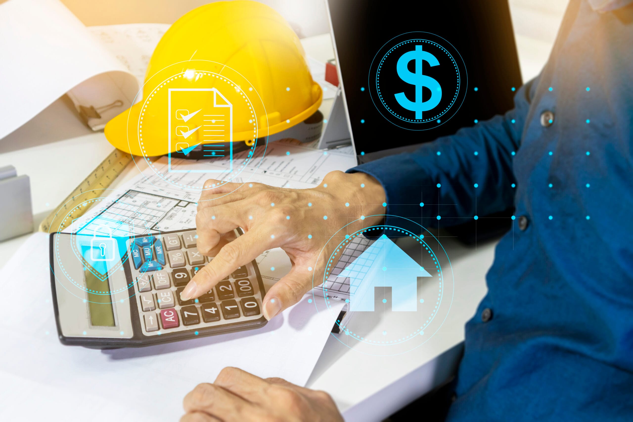 AI-powered renovation cost estimation process showing contractor with calculator, blueprints, and digital cost analysis technology
