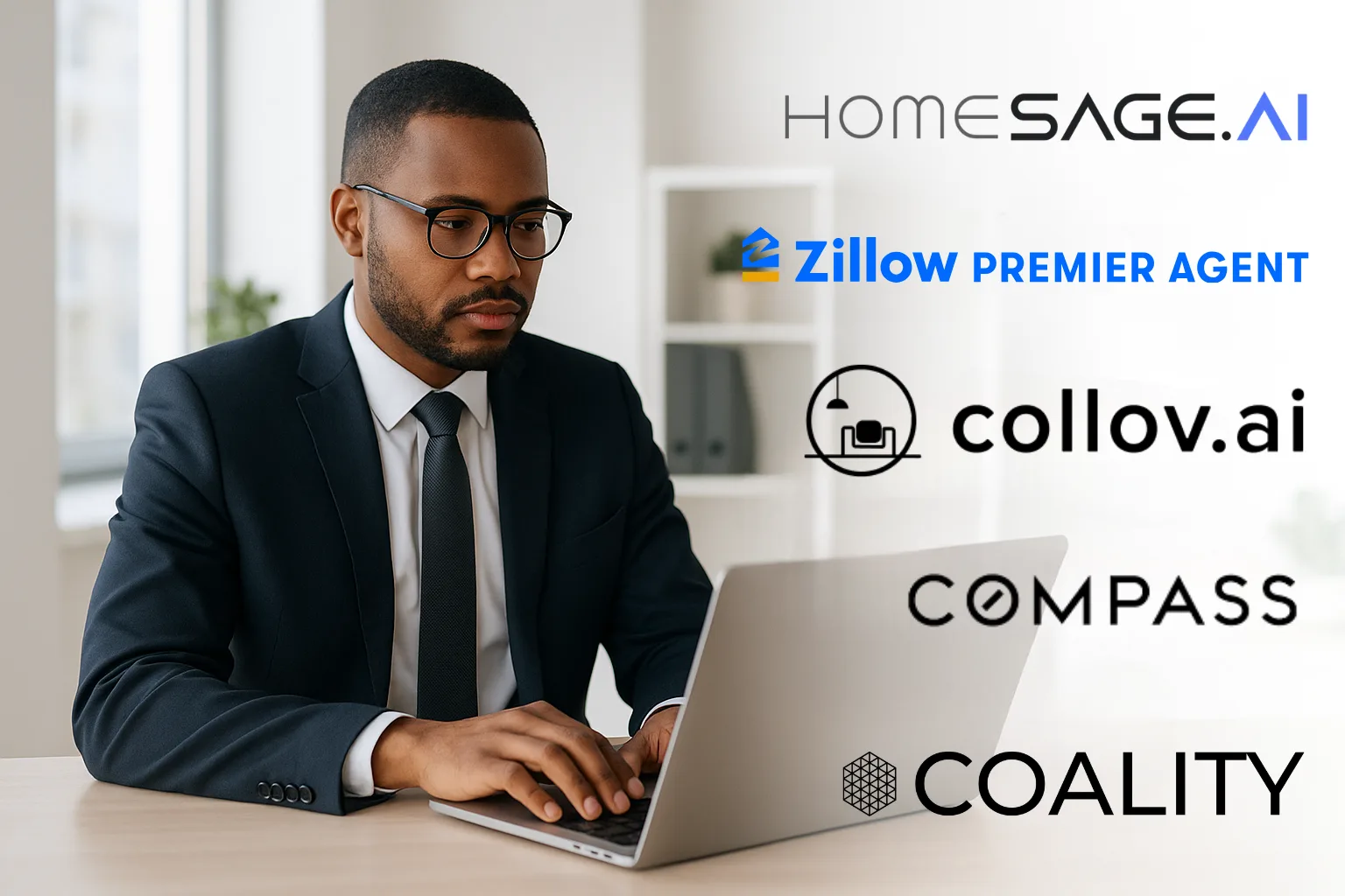 5 Must-Have AI-powered Real Estate Products for 2026 2 Business professional working on a laptop with logos of leading AI real estate platforms: Homesage.ai, Zillow Premier Agent, Collov AI, Compass AI, and Coality.