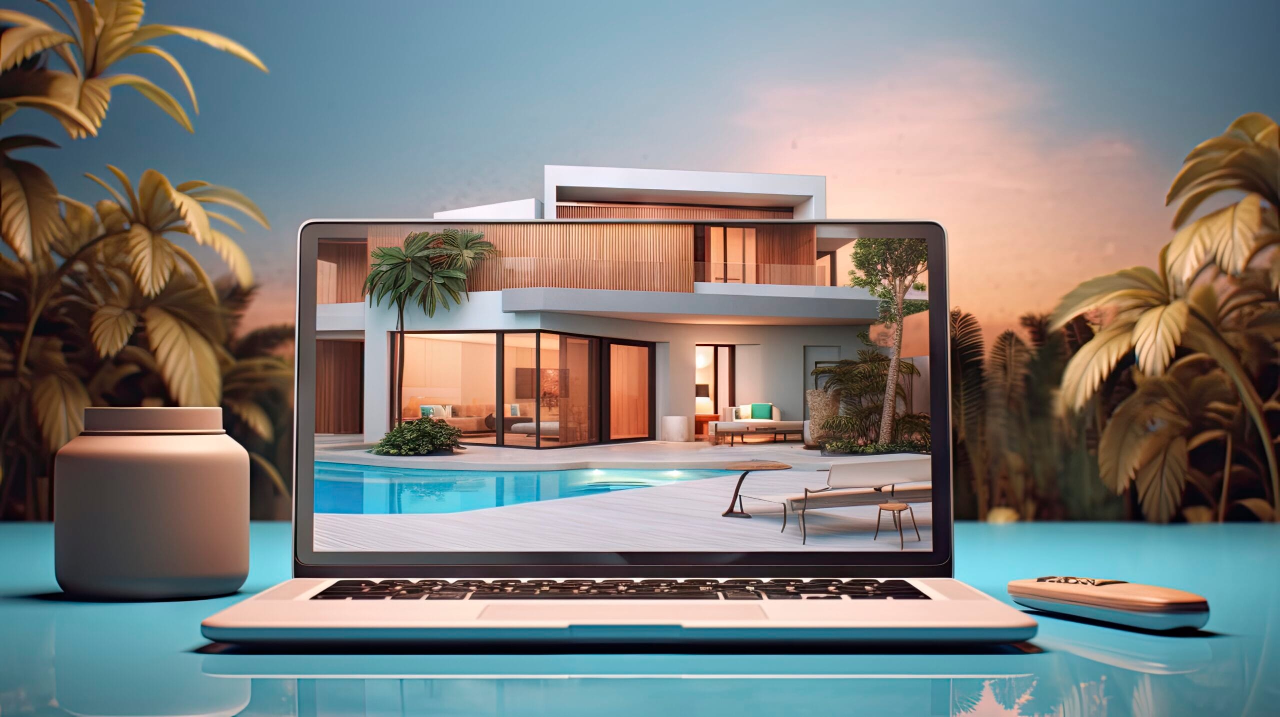 Laptop screen showing a digitally staged modern villa with poolside design, illustrating AI-powered virtual staging and real estate visualization