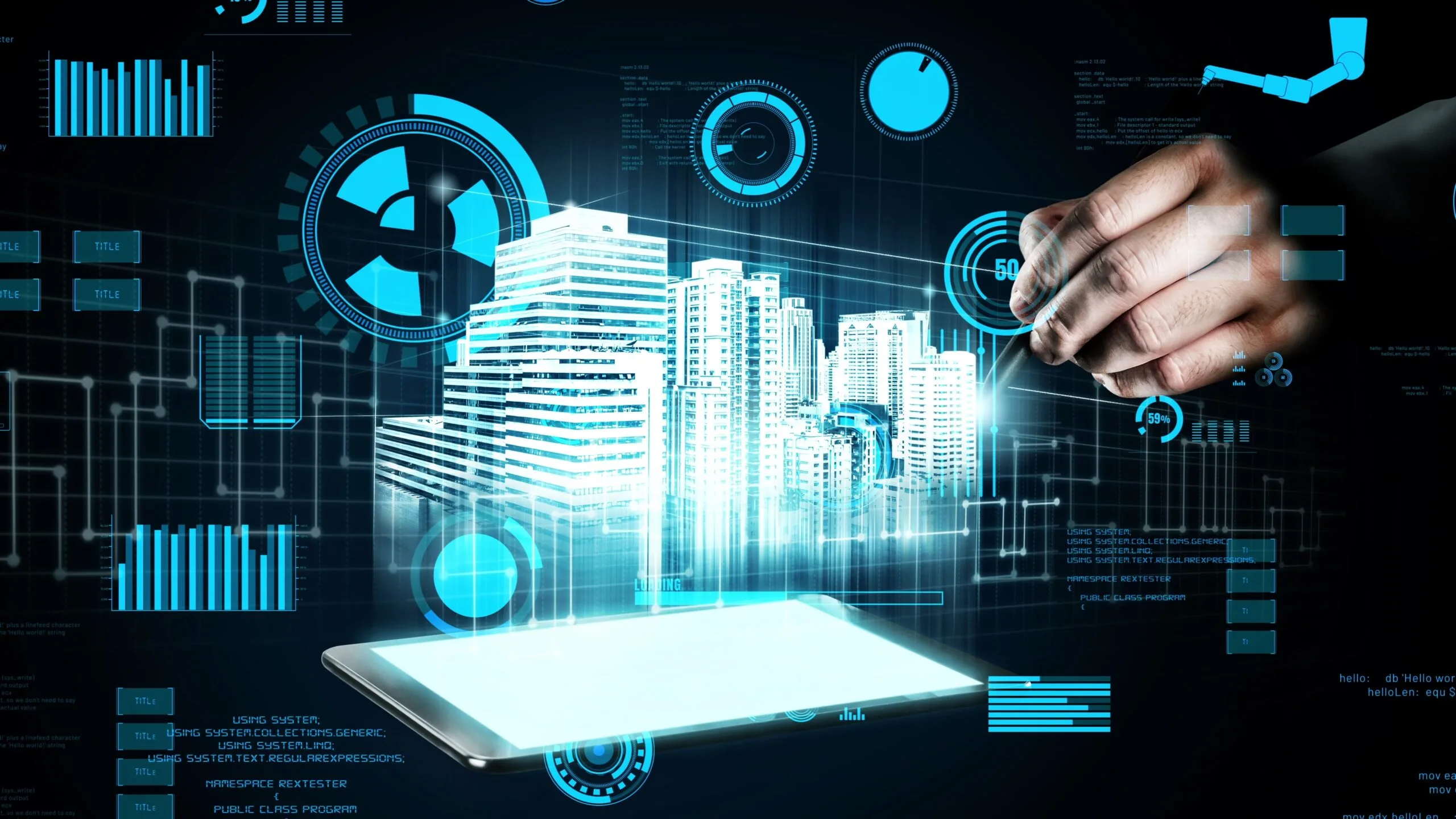 5 Must-Have AI-powered Real Estate Products for 2026 3 Digital illustration of AI-powered real estate investment intelligence showing futuristic buildings projected from a tablet with data charts, analytics, and a robotic hand interaction.