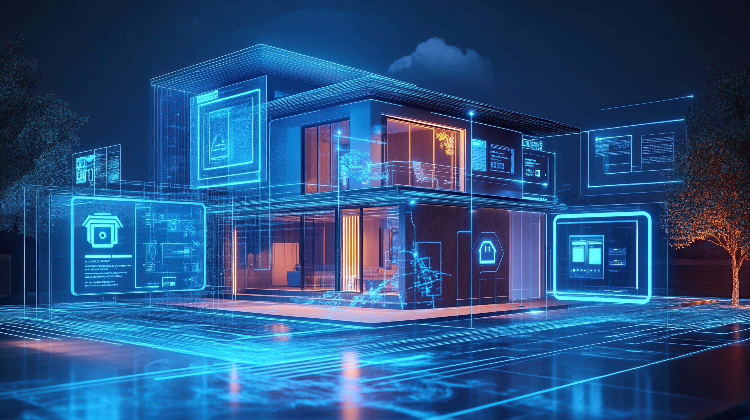 Futuristic smart home with glowing digital blueprints and data panels illustrating how Model Context Protocols use AI to automate real estate analysis.
