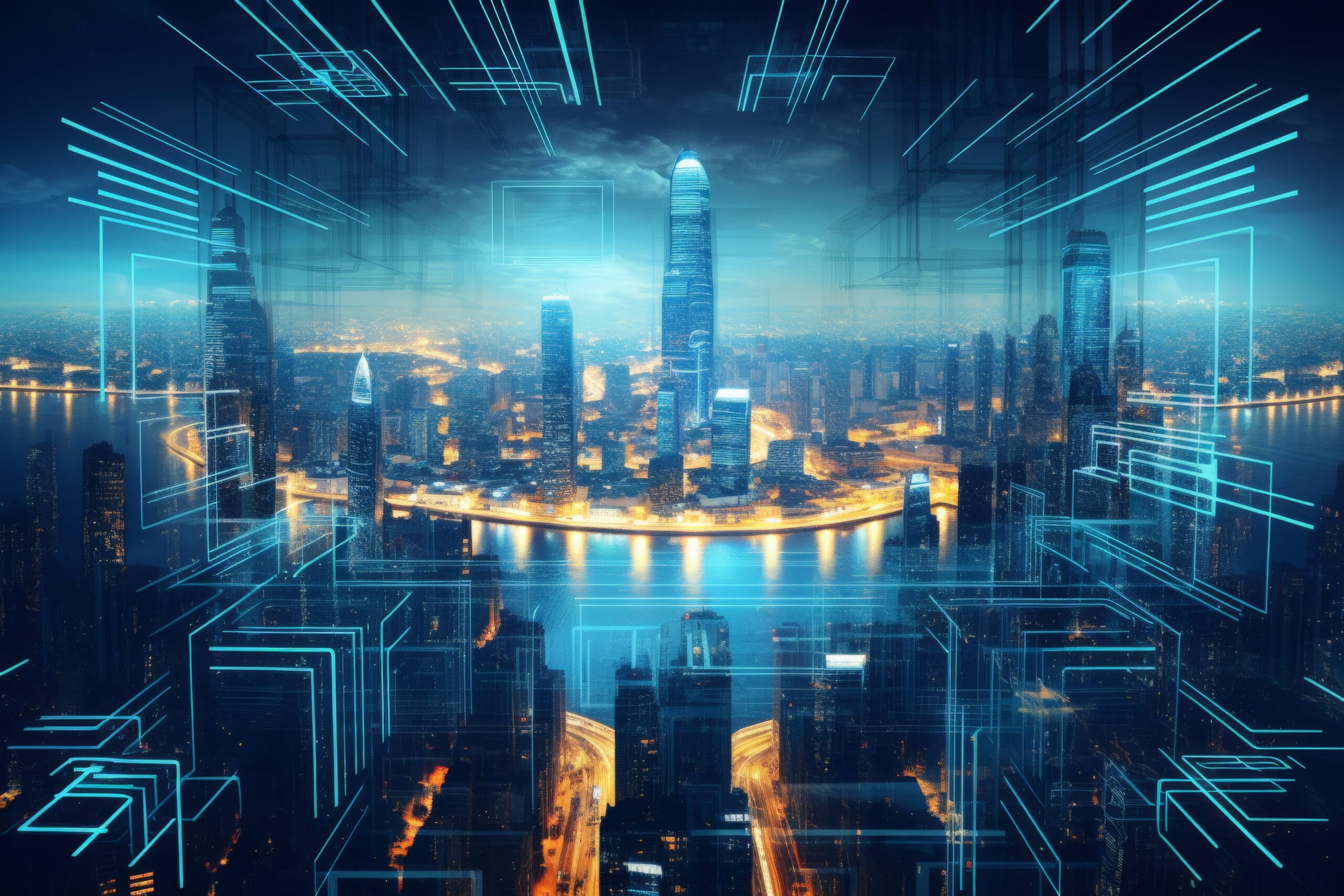 Panoramic view of a futuristic city skyline with digital overlays, symbolizing the future of real estate powered by AI and technology.