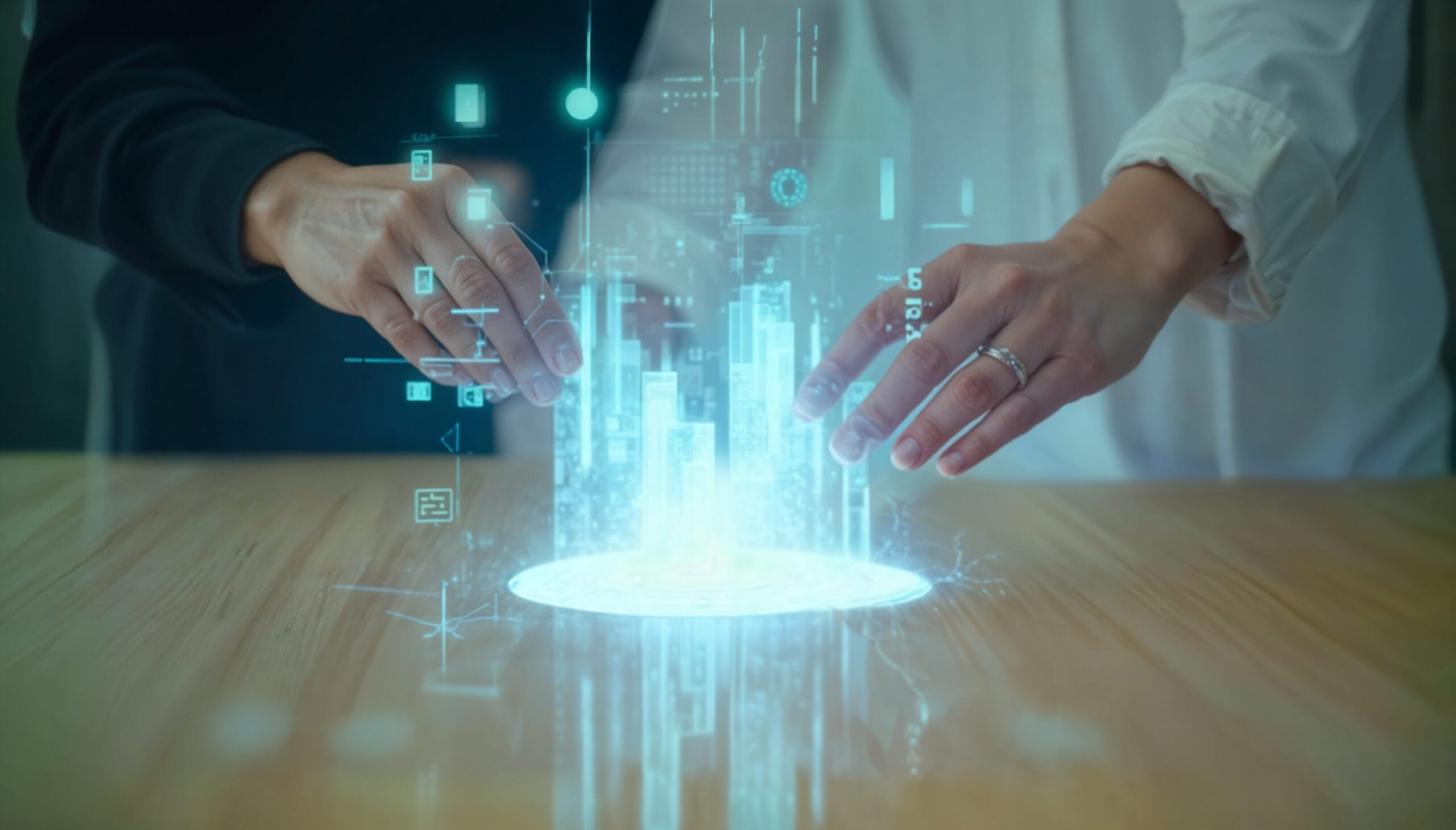 Two people interacting with a holographic city data model, illustrating AI-driven collaboration and automation in real estate.
