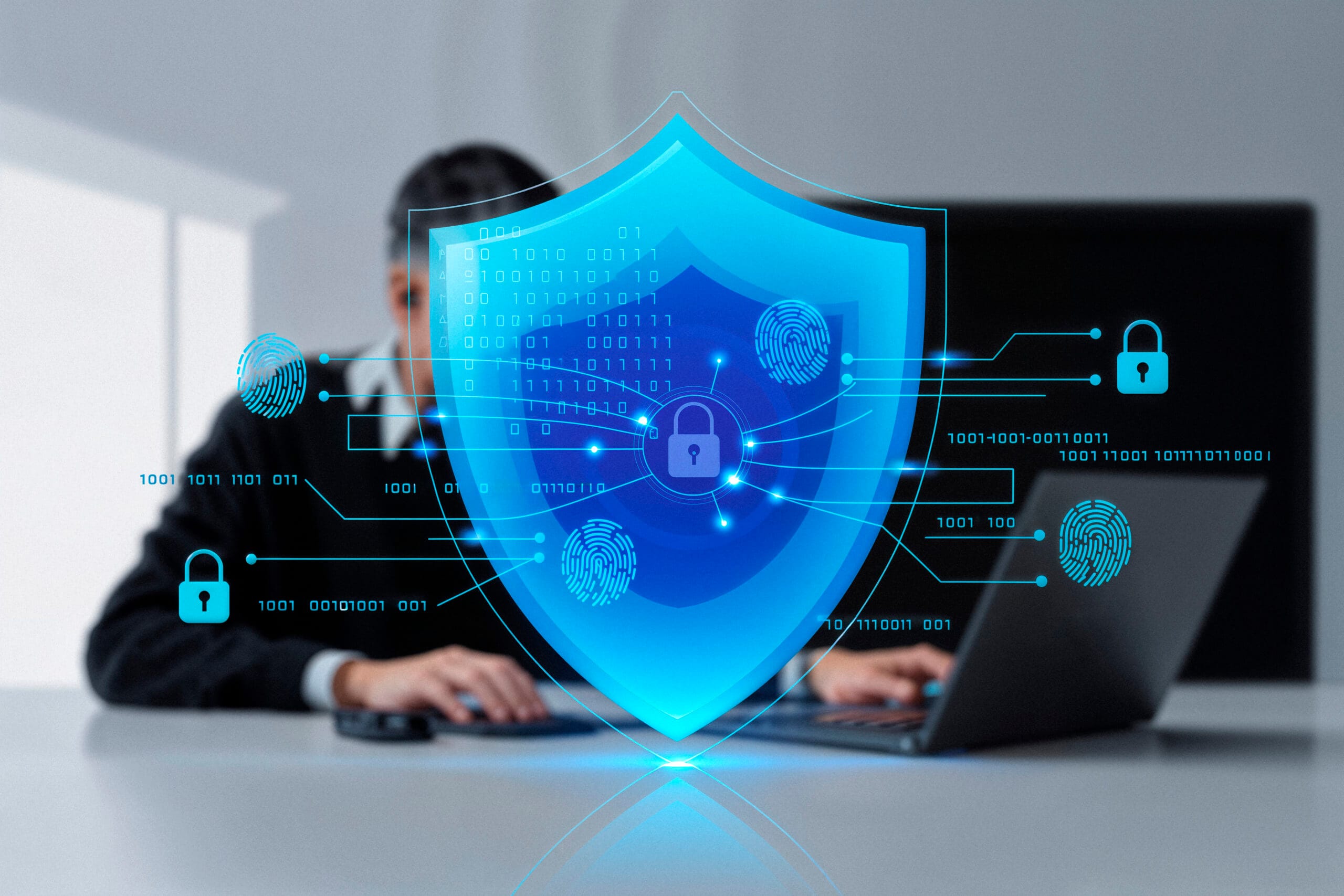 Digital cybersecurity shield with fingerprint authentication and lock icons representing data protection