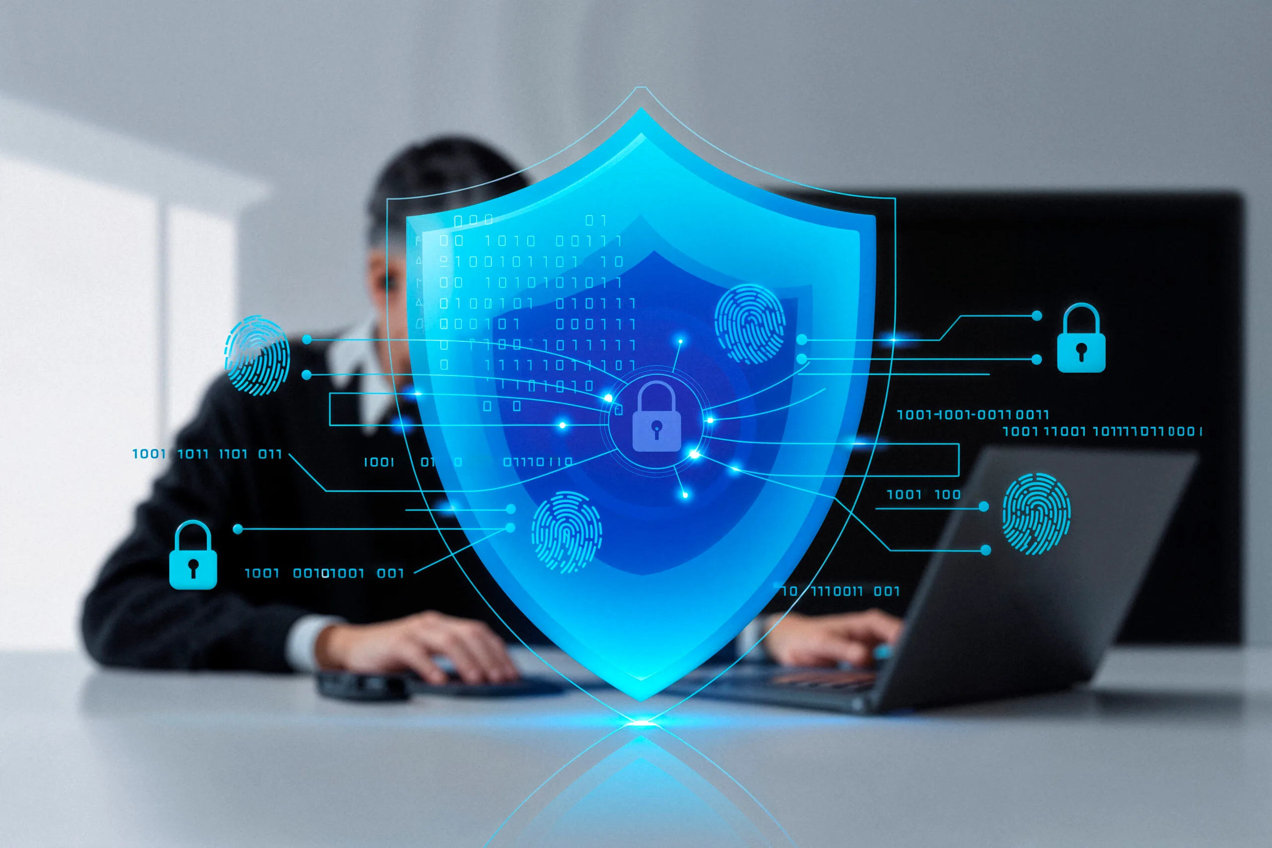 Developer's Guide to Real Estate Data 2026 4 Digital cybersecurity shield with fingerprint authentication and lock icons representing data protection