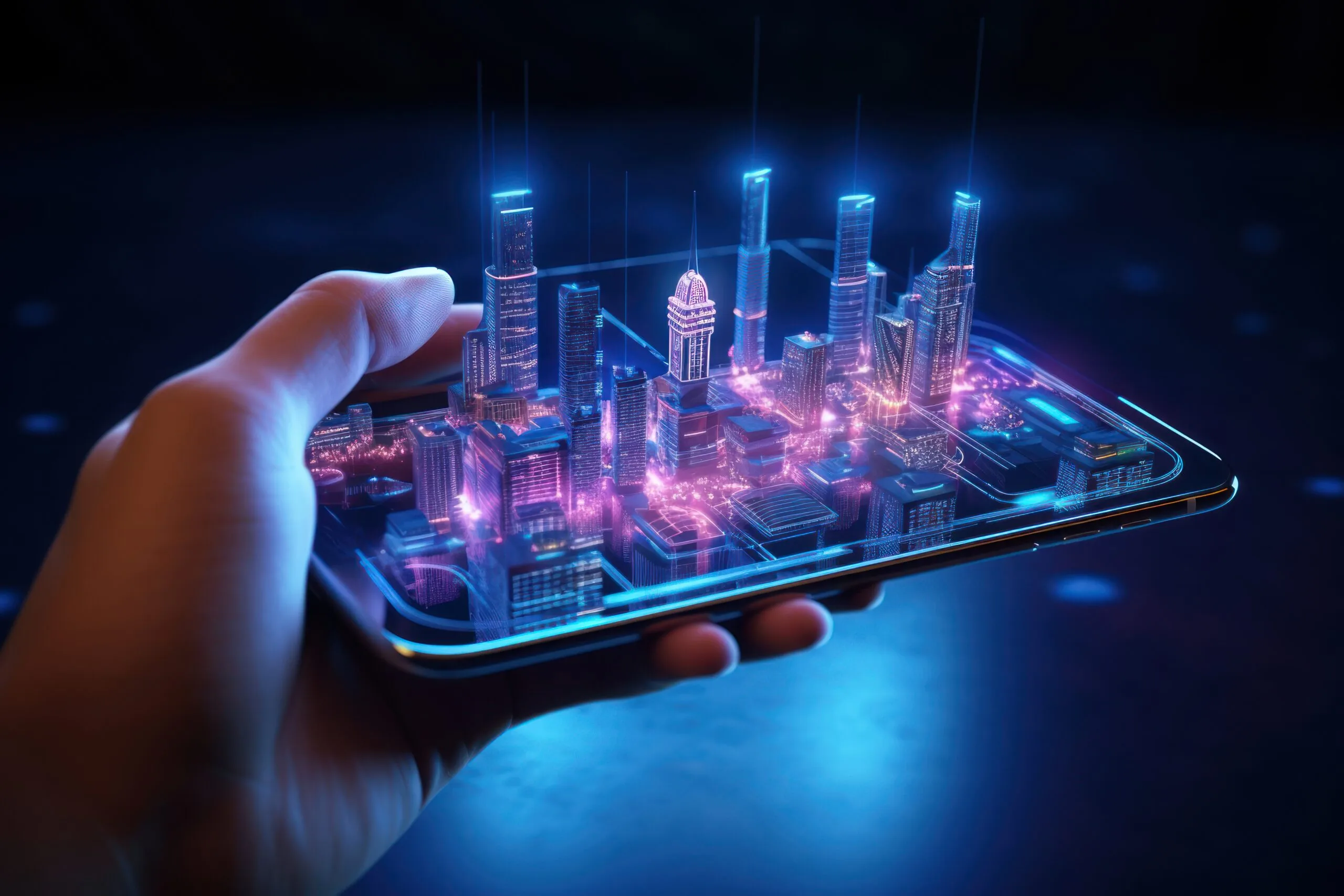 Hand holding tablet displaying futuristic 3D holographic real estate cityscape with illuminated buildings for PropTech visualization
