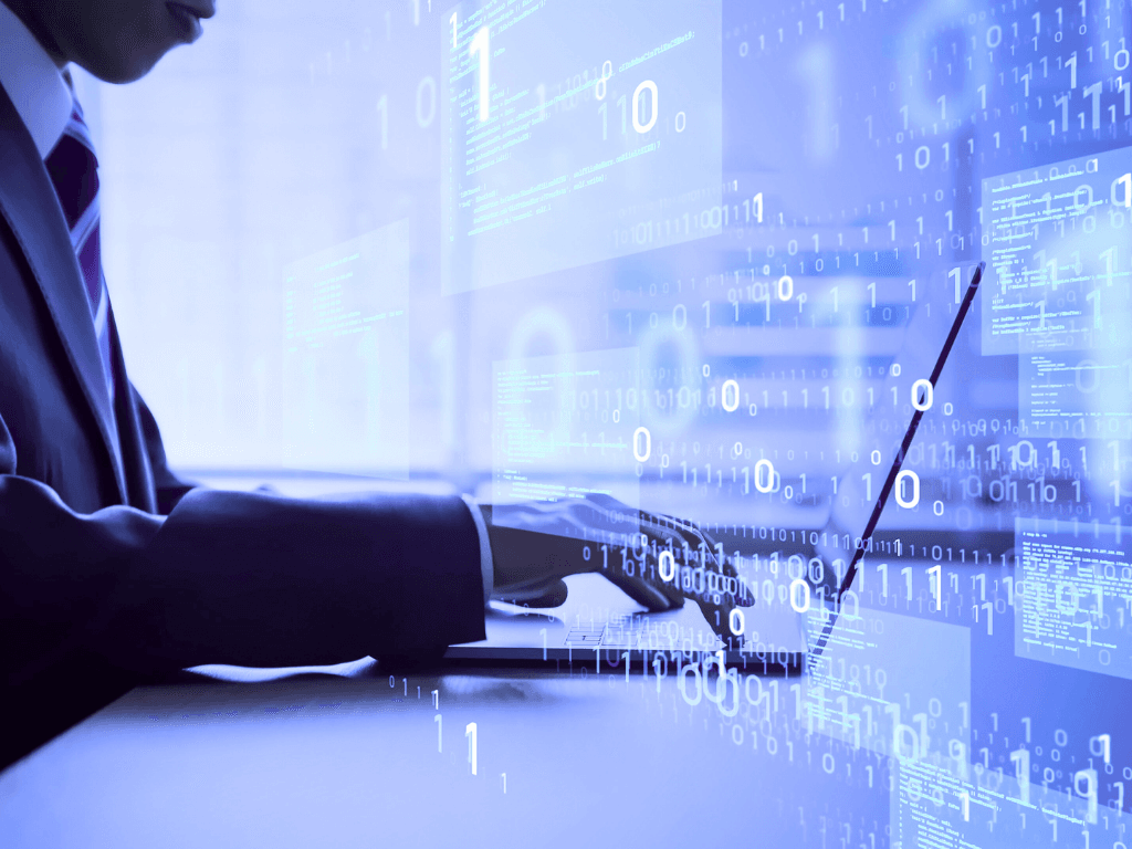 Professional developer typing on laptop with binary code and programming interface overlay, working with real estate API documentation