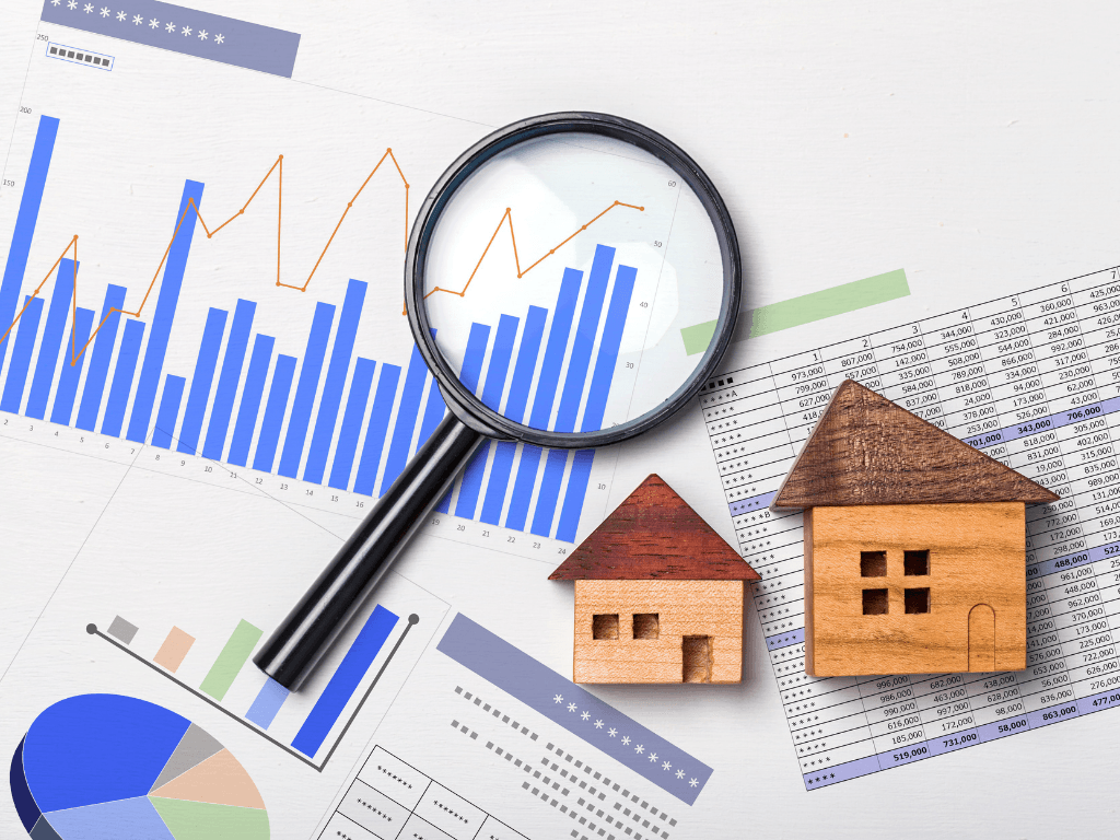 Graphs, charts, and property models analyzed with a magnifying glass, illustrating real estate data and AI provider selection in 2025