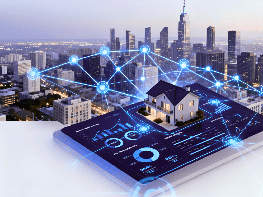 Digital tablet displaying property analytics dashboard with connected network overlay across urban cityscape, illustrating real estate API connectivity and smart property data systems