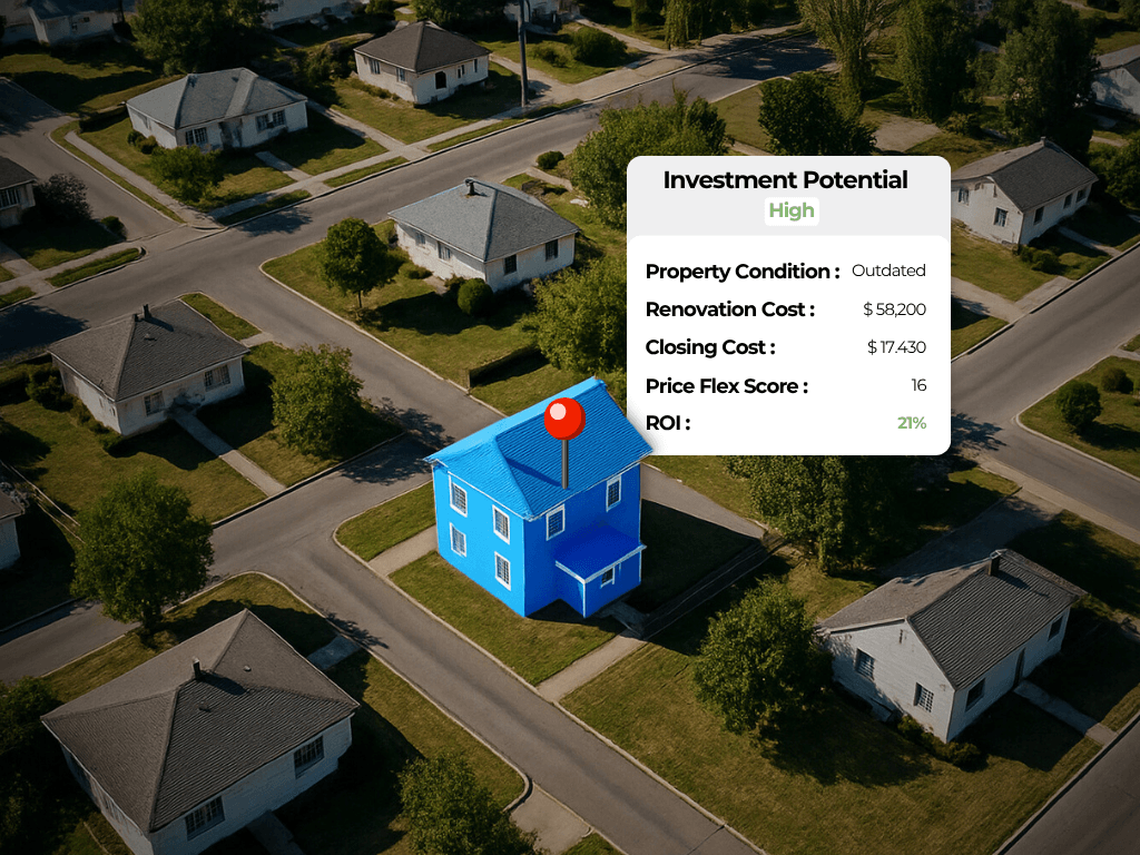 AI provider evaluating real estate investment potential with property metrics dashboard including renovation cost, ROI, and condition score, 2025
