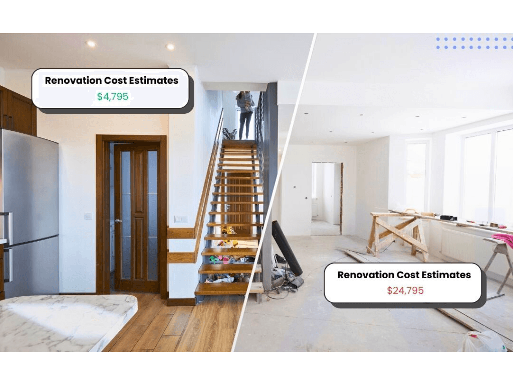 Split image comparing home renovation cost estimates: finished modern kitchen vs. unfinished room, showing $4,795 versus $24,795 using Homesage.ai AI tools.

