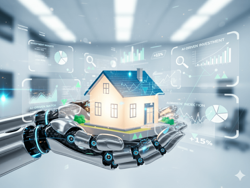 real estate investment AI-powered analytics showing around a robotic hand holding a house
