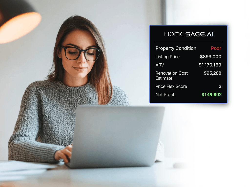 Real estate investor using laptop with Homesage.ai investment potential dashboard showing property analysis, price, renovation costs, and condition metrics
