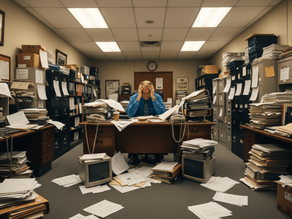 How Lenders Use Real Estate Data APIs to Speed Up Due Diligence in 2025 3 Loan officer sitting at his desk drowning in due diligence paper work.