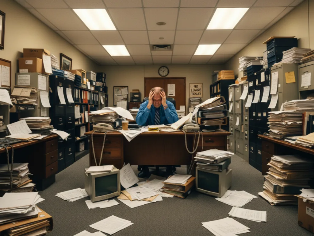 Loan officer sitting at his desk drowning in due diligence paper work.