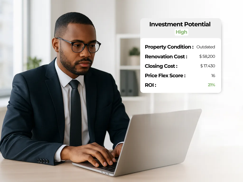 Lender on his laptop and a dashboard displaying multiple AI-powered real estate data insights.