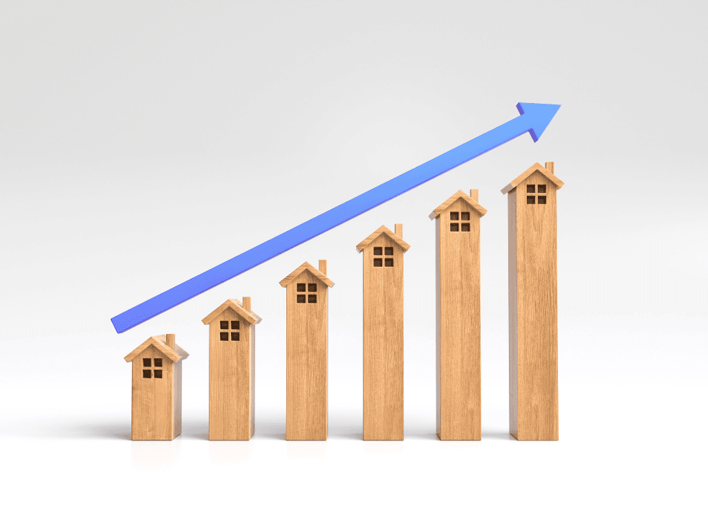 Wooden house models with upward blue arrow symbolizing growth in real estate investment returns using AI analysis, analyze investment properties with AI