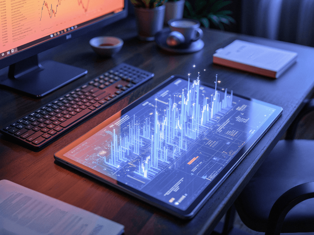 Real estate data visualization on a tablet showing AI analytics for US property investment trends.