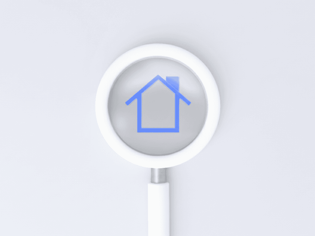 Investment Property Search in 2026: 5 AI-powered Strategies for Investors 3 3D white magnifying glass hovering over a blue house icon symbolizing a detailed investment property search.