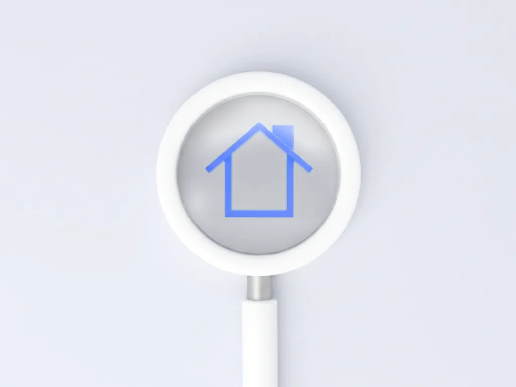 3D white magnifying glass hovering over a blue house icon symbolizing a detailed investment property search.