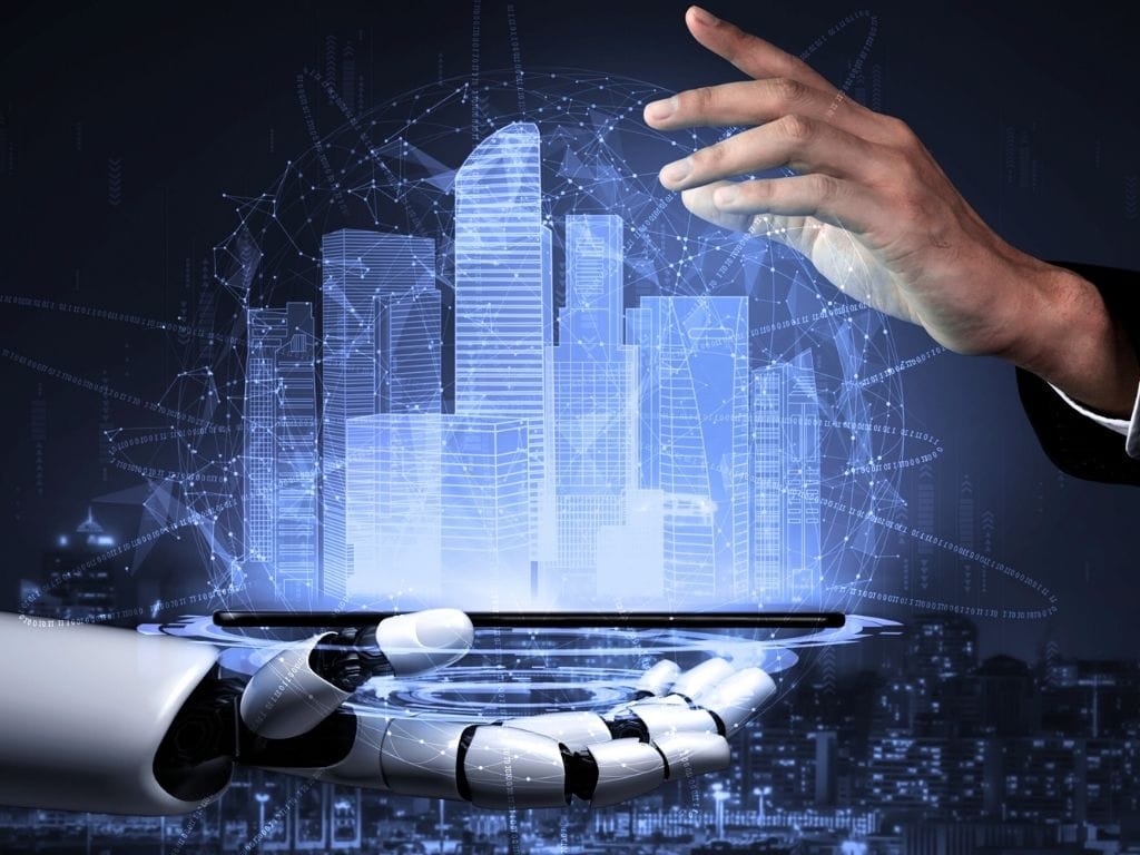 Human and robot hands analyzing digital city data, symbolizing AI-powered property valuation and ARV estimation.