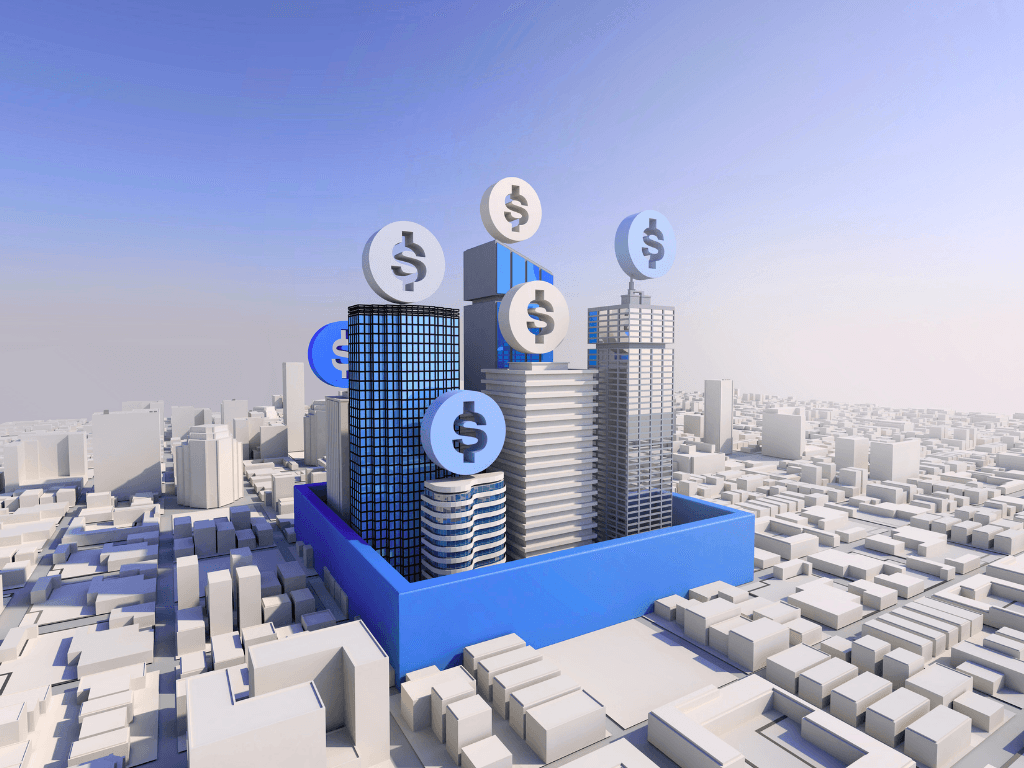 3D cityscape of investment properties with dollar symbols representing AI-enabled property valuation and profitability analysis