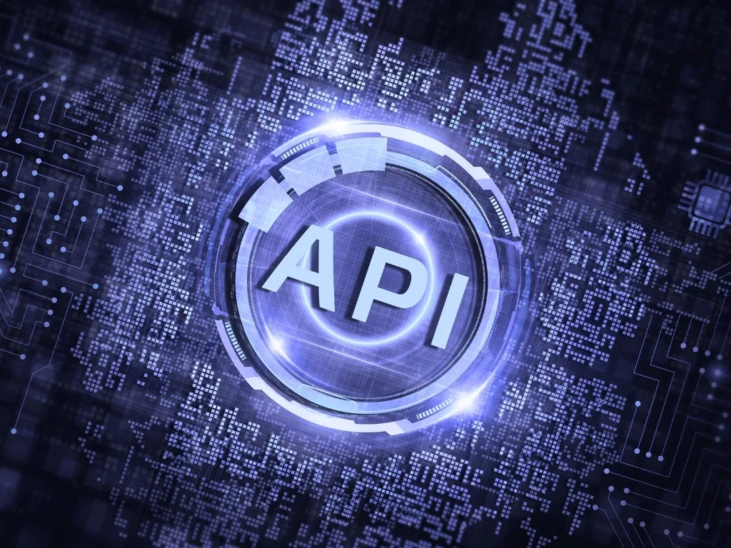 Futuristic API interface graphic representing real estate data integration and automation